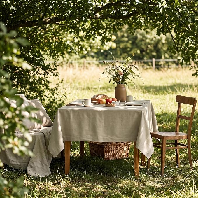 Solino Home Linen Square Tablecloth 52 x 52 Inch - 100% Pure Linen Vintage Khaki Table Throw - Fete, Machine Washable Table Cloth for Summer