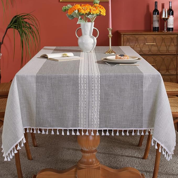 Laolitou Rustic Tablecloth Cotton Linen Waterproof Tablecloths Burlap Table Cloths for Kitchen Dining Cloth Table Cloth for Rectangle Tables Grey Stripes Rectangle,55''x70'',4-6 Seats
