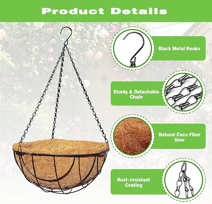 2 Pack 12 Inch Black Metal Hanging Basket Hanging Planter with Coco Coir Liner Heavy Duty Hanging Flower Pot Holder for Indoor Outdoor Patio Garden Porch Balcony Decor (Earth)