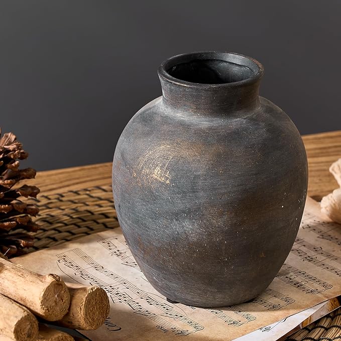 SIDUCAL Ceramic Decorative Flower Vase | 6 Inch Pottery Rustic Farmhouse | Boho | Terracotta Vase for Home Decor, Table, Living Room, Bathroom, Shelf, Mantel Decoration, Bronze