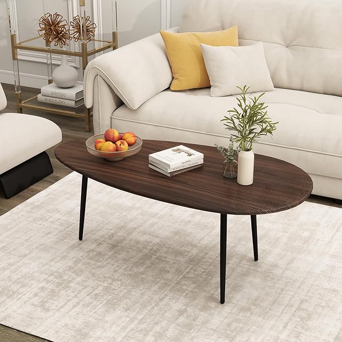 Giantex Oval Coffee Table, Mid Century Modern Center Table with Sturdy Metal Frame and Compact Design, Vintage Accent Cocktail Tea Table, Wood Living Room Tables for Small Spaces (Walnut)