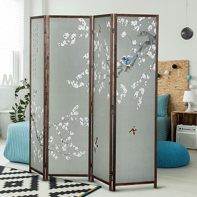 MyGift 4-Panel Asian-Inspired Folding Room Divider with Cherry Blossom Tree & Bird Design Poetry Calligraphy and Brown Wooden Frame 78''W x 70.5''H(6FT)
