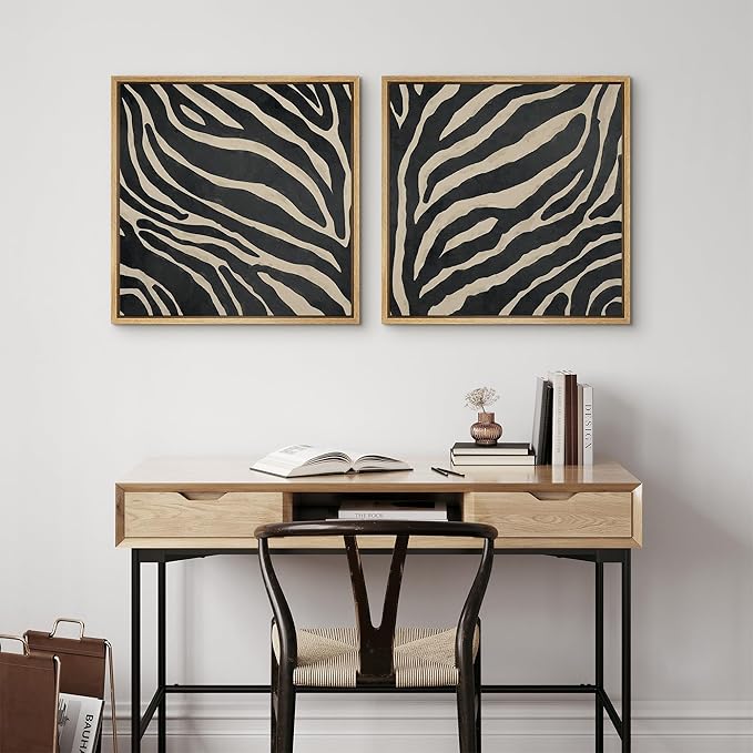 SIGNFORD Framed Canvas Print Wall Art Set Zebra Pattern Artwork, Black and Cream Animal Stripe Illustrations Modern Art Minimal Relax/Calm for Living Room, Bedroom, Office - 16"x16"x2 NATURAL