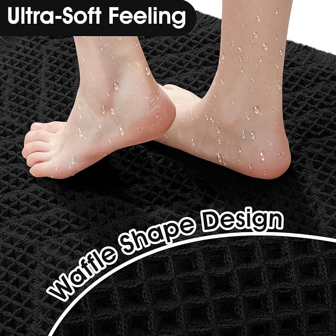 Extra Large Waffle Bath Mat, 5'x2' Black-Herringbone, Super Absorbent Non-Slip Quick Dry Bathroom Rugs with Tassels, Machine Washable Ultra Soft Boho Bath Rugs, Toilet Mats Boho Farmhouse Decor
