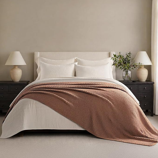 EVERGRACEHOME Chunky Polyester Knit Throw Blanket for Couch, Soft Luxurious Oversized King Moss Stitch Blanket for Bed, Large Cozy Farmhouse Knitted Throw for Sofa, Terracotta Clay, 108" x 92"