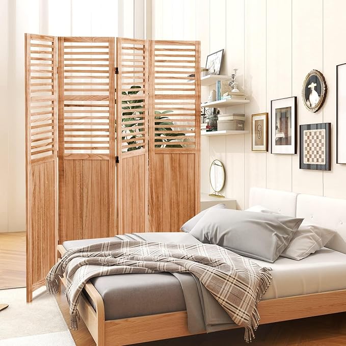 65 Inch Partition Room Dividers with Extra Stable Base, 4 Panel Folding Wood Privacy Screen for Home Office Restaurant Bedroom - Natural