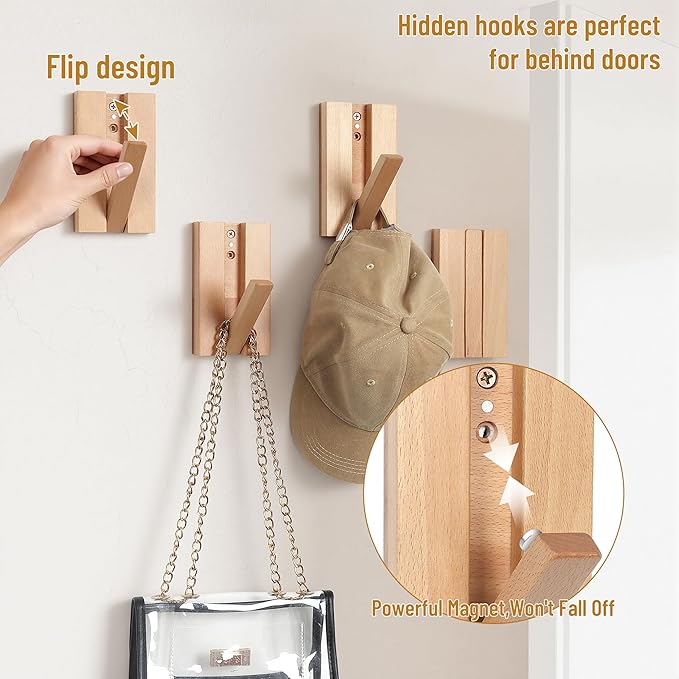 Wall Hooks for Small Space: Foldable Natural Wooden Coat Hooks 4Pack for Limited Spaces Closet Corner Bathroom- Modern Minimalist Decor Hanger for Hanging Towels Backpack Bags Jackets