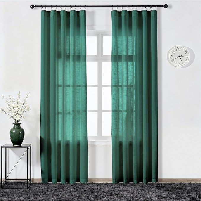 Emerald Green Curtains Semi Sheer 90 Inches Long, Dark Linen Textured Living Dining Room Sliding Glass Door Curtains & Drapes, Hunter Green Window Panel, Pinch Pleat Curtain with Hook