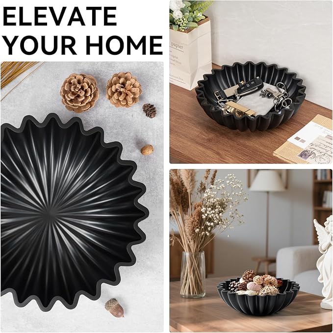 Large Decorative fruit bowl for Home Decor Modern Handicraft Key Bowl for Entryway Table Ruffle Centerpiece Stylish Purse Bowl for Kitchen Counter Coffee Table(Artificial Stone Black)