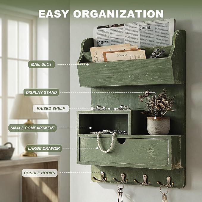 Rebee Vision Pine Wood Key Holder Wall Mount for Home Decor – Key Holder for Wall with Drawer Organizer & Mail Organizer Can Store Letters – Ideal New Home Essentials for Office Decor(Green)