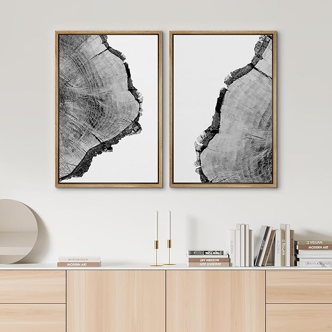 SIGNWIN Framed Wall Art Print Set Black & White Close Up Tree Ring Details Nature Wilderness Photography Modern Art Rustic Relax/Calm Multicolor for Living Room, Bedroom, Office - 16"x24"x2 Natural