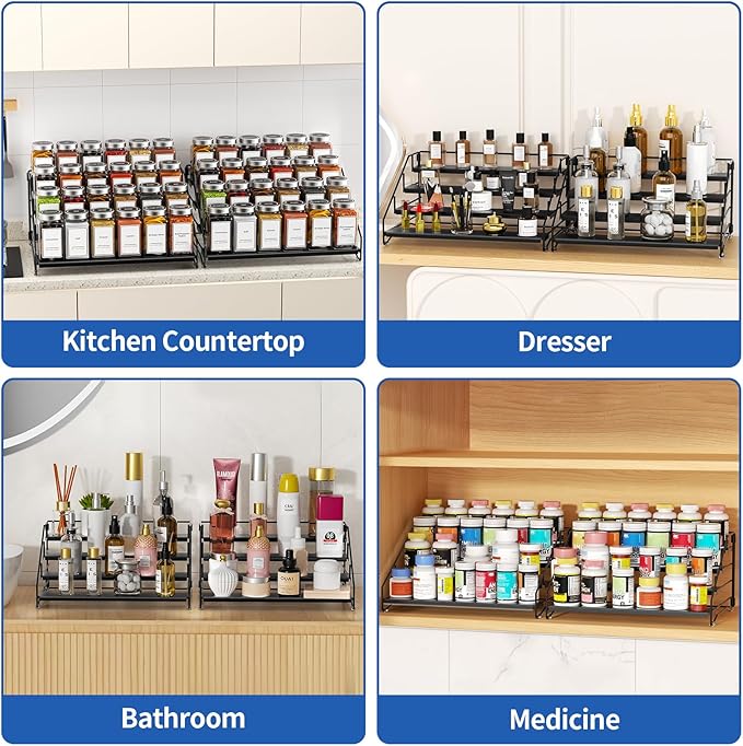 BOIVSHI 4 Tier Spice Rack Organizer, Spice Rack for Cabinet, Adjustable Depth Seasoning Shelf for Countertop, Pantry, Seasoning Organizer, Metal, Black (2 Pack)