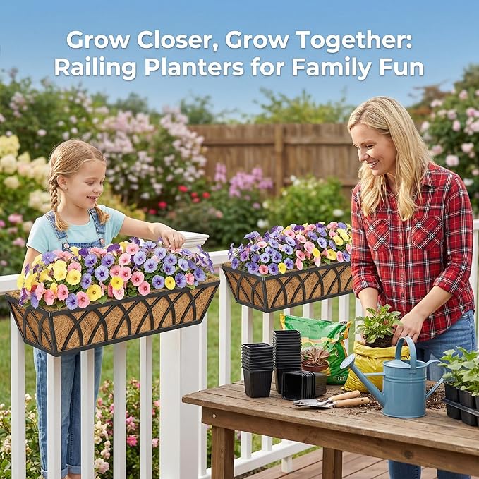 24 Inch Railing Planter Box with Coco Liner, Adjustable Metal Window Box, Hanging Flower Planter Outdoor, for Balcony Deck Fence Garden, Black, Set of 4