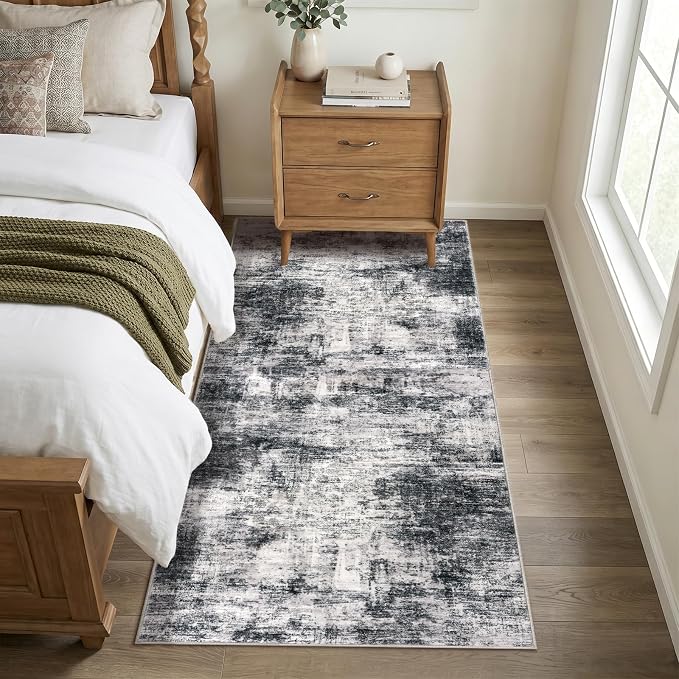 IOHOUZE Abstract Runner Rug 3x7 Ft Washable Runners for Hallways, Non Slip Kitchen Runner Printed Faux Wool Entryway Runner Indoor, Floor Carpet for Hall Kitchen Bedroom, Black Grey