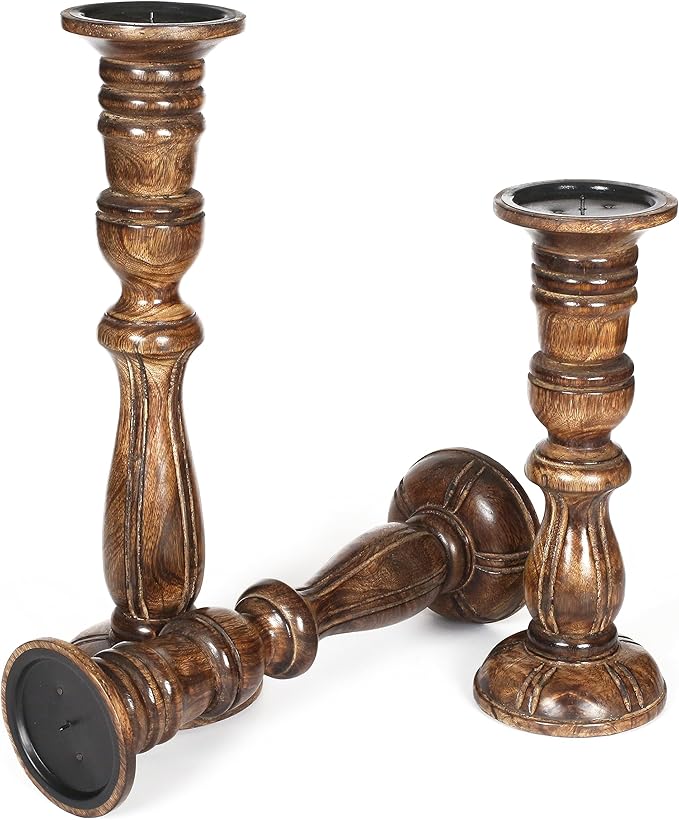 Wooden Candle Holder Set of 3, Tall Natural Burnt Pillar Candle Holders, Rustic Farmhouse Decor, Brown Wooden Candle Stands for Home Decoration - 16, 14, 12 Inch Height