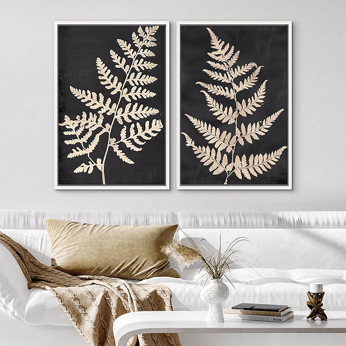 SIGNWIN Framed Canvas Print Wall Art Vintage Fern Leaf Silhouettes Natural Botanical Rustic Illustrations Modern Art Decorative Contemporary for Living Room, Bedroom, Office - 16"x24"x2 White