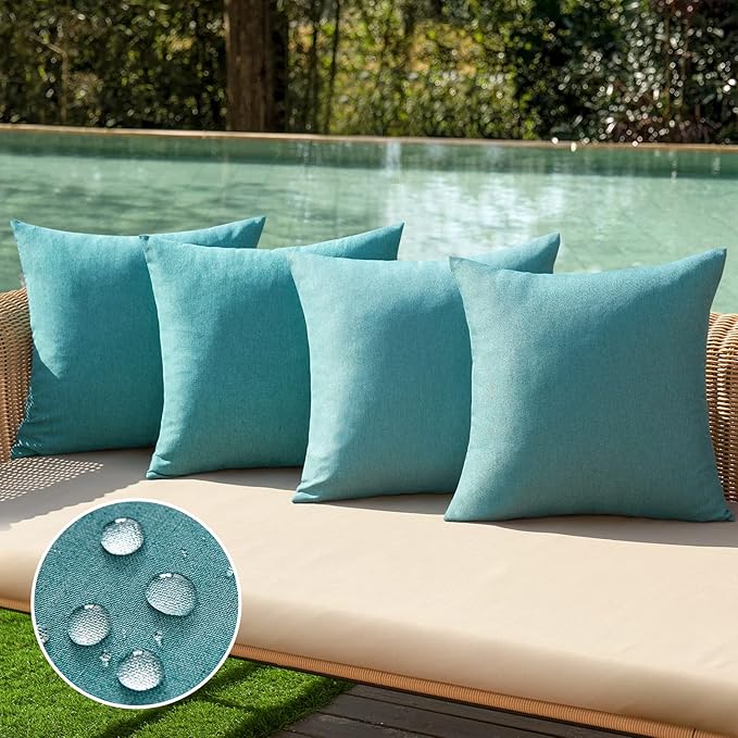 MIULEE Pack of 4 Decorative Outdoor Throw Pillow Covers Linen Waterproof Pillow Covers Summer Farmhouse Cushion Cases for Patio Garden Tent Balcony Couch Sofa 18x18 Inch Turquoise