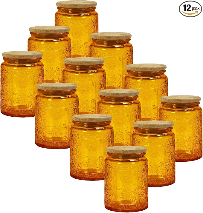 8oz Decorative Glass Jars with Airtight Bamboo Lids (Orange Amber - 12pc), Vintage Food Storage Containers, Home Décor Candle Making Parties Wedding Baby Shower Favors Gift