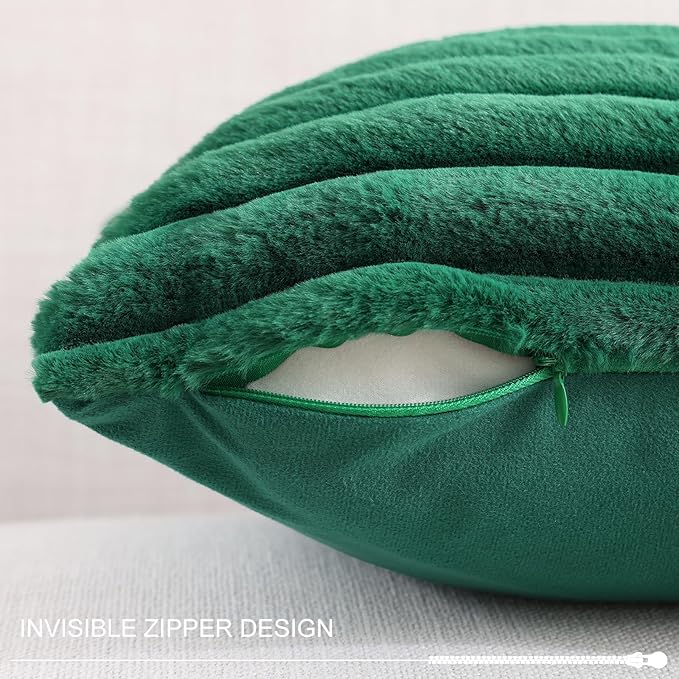Pallene Faux Fur Plush Lumbar Throw Pillow Covers 12x20 Set of 2, Luxury Soft Fluffy Striped Decorative Pillow Covers for Sofa, Couch, Living Room, Christmas Green