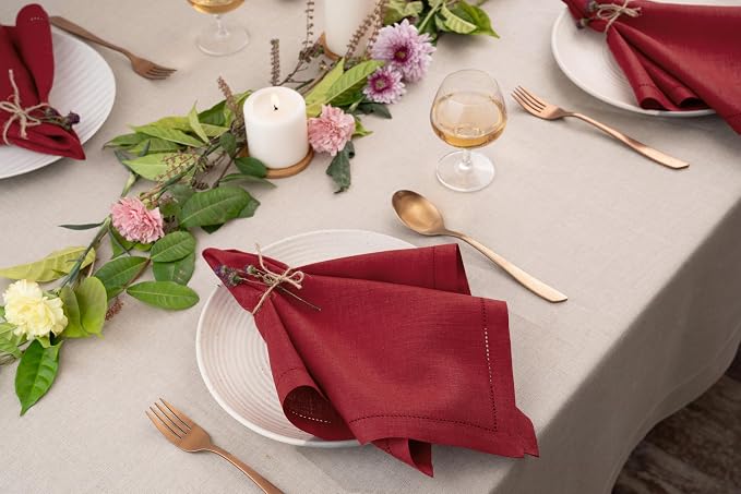 Signature Linen™ by D'Moksha Red Dinner Napkins Set of 8, 20 x 20 Inch Cloth Napkins, 100% Pure Linen, Hemstitch, Machine Washable Table Napkins- Summer, 4th July