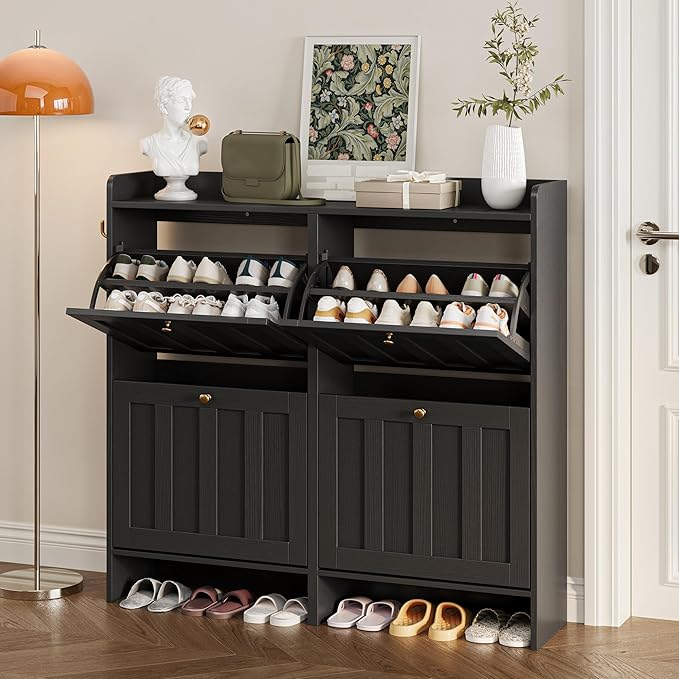 Gizoon Shoe Storage Cabinet with 4 Flip Drawers, Mordern Freestanding Shoe Organizer for Entryway, Narrow Rack Cabinet with Storage for Entrance, Hallway, Black