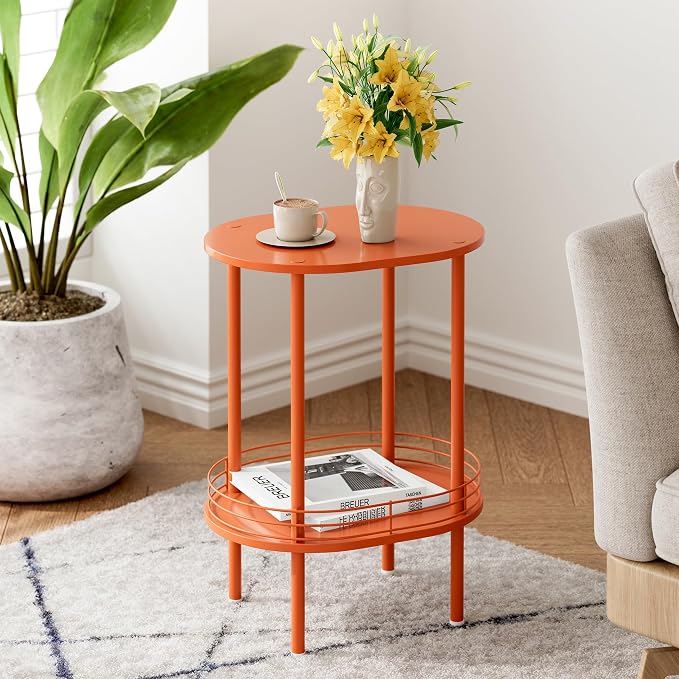 Small Modern Round Side Table Set of 2,2-Tier Side Tables Living Room,Sturdy Nightstand for Small Space - Living Room, Bedroom, Bathroom, Nursery,（2 PC,Orange）