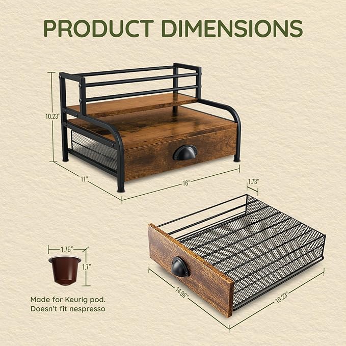 3-Tier Coffee Bar Stand Organizer for Countertop, Rustic Wood & Metal Bottle Display Shelf with Coffee Pod Drawer, Wine Rack, Liquor Display Shelf for Home Coffee Station
