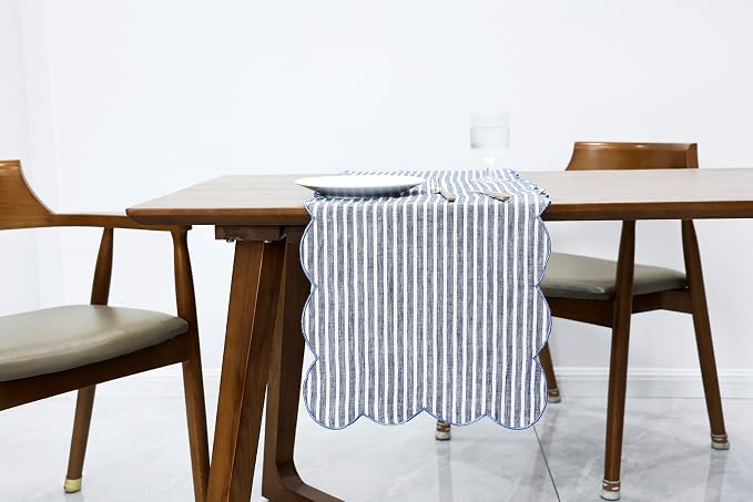 100% Natural Linen Rustic Scalloped Embroidery Table Runner 48 Inches, Linen Table Runner 14 x 48 Inch Ideal for Dresser and Dining Tables Decor, 2-4 Sets, Blue Stripe(Edges-Blue)