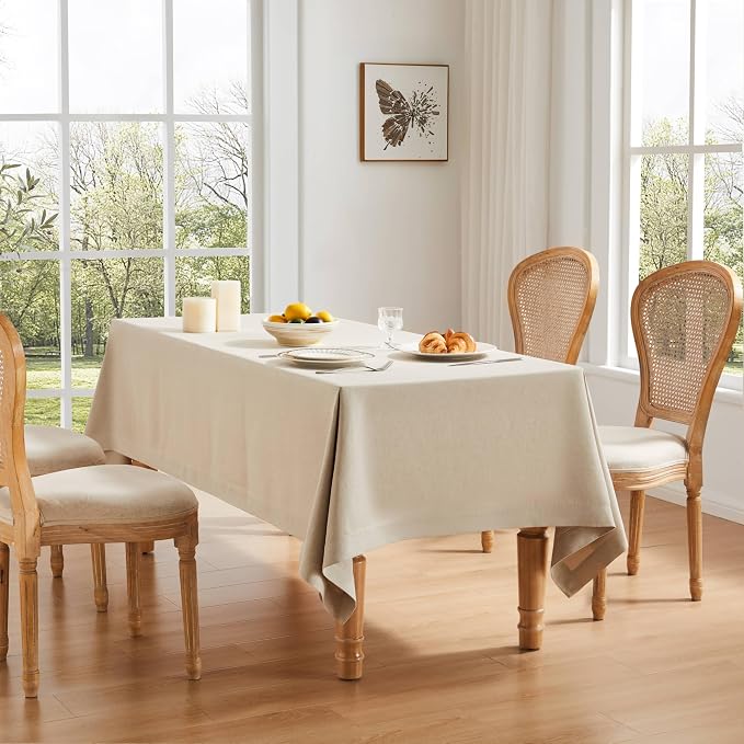 ZeeMart Basic Linen Textured Table Cloth, 60 x 84 Inch Raw Linen, Farmhouse Style Light Beige Rectangle Tablecloth, Wrinkle Resistant Washable Heavy Weight TableCloths