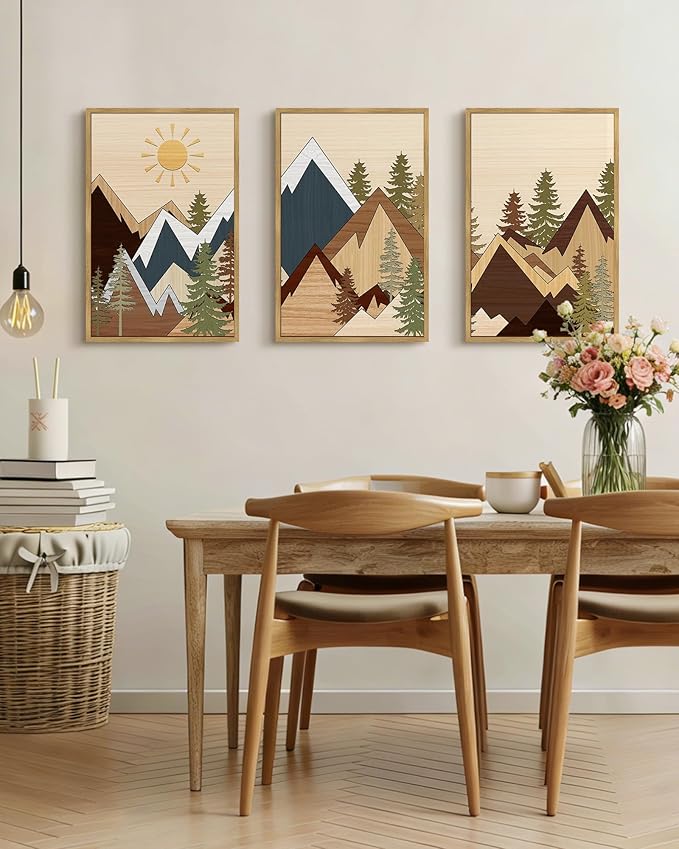 PHOPAGO Mountains Framed Wall Art Large 16x24in Morden Boho Woodcut Pine Tree Forest Nature Landscape Artwork Bohemain Farmhouse Living Room Rustic Home Decor - Natural Framed