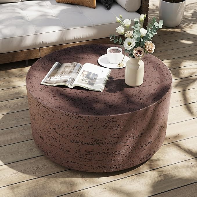 UPHA 28" Round Outdoor Coffee Table, Modern Hollow Concrete Patio Table, Small Minimalist Low Accent Table for Living Room, Balcony, Deck, Backyard, Rust Red