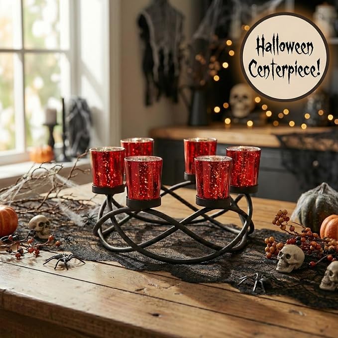Seraphic Candle Holders for Table Centerpiece Decor, Indoor/Outdoor, Red | Gothic, Halloween & Christmas Decor, Patio Umbrella Centerpiece, Round Wrought Iron 6 Votive Holders, 10.5in Round
