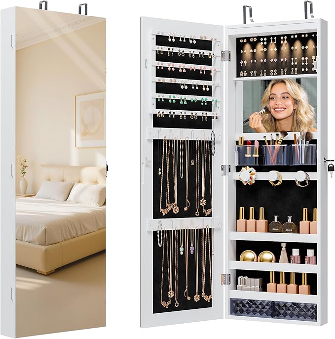 Unisakey Mirror Jewelry Cabinet,Lockable Wall or Door Mounted Jewelry Armoire Organizer With Built-up Mirror,LED Lights, Drawers,Cosmetic Trays,Shelves, 14.4"x3.15"x 43.1"（White）
