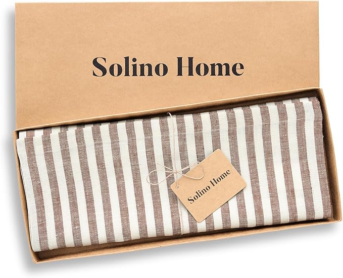 Solino Home Linen Table Runner 36 Inches - Amalfi Stripe 100% Pure Linen Brown and Cream Farmhouse Table Runner 14 x 36 Inch Ideal for Dresser and Coffee Tables