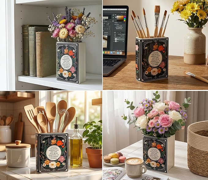 LIFFY Ceramic Vase for Flowers, 6.3 Inch Tall Farmhouse Centerpiece with Double Handles, Rustic Terracotta & Modern Navy White - Home Table Decor (Black Flower)