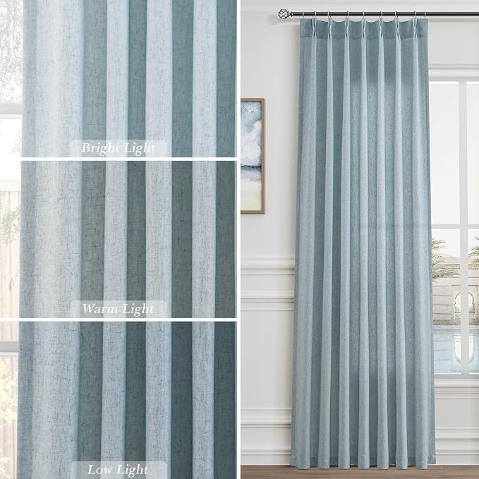 Aersas Linen Pinch Pleat Light Blue Curtains 108 Inches Length 2 Panels Living Room Kid Room Nursery Semi Sheer Windows Treatment Curtain Modern Coastal Rod Pocket Girls Boys Home Decor 40x108, 9 FT