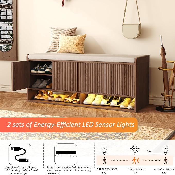 HOMEFORT 47.2" Fluted Shoe Storage Bench, Entryway Bench with Linen Seat Cushion, Shoe Cabinet Bench with Adjustable Shelf and Built-in LED Sensor Light, Bench for Bedroom End of Bed, Walnut