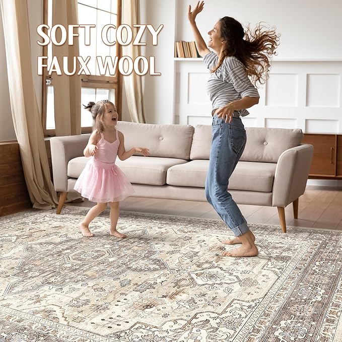 7x10 Area Rug Living Room: Washable Boho Large Neutral Vintage Soft Rugs Stain Resistant Farmhouse Non-Slip Indoor Floor Carpet for Bedroom Nursery Kids Playroom Office Dining Room- Beige Brown