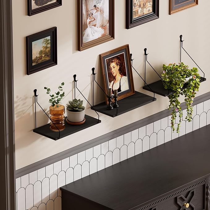 QsQueen Elevate Your Space with Rustic Wood Floating Shelves Set of 3- Perfect for Bedroom, Living Room, Bathroom, and Kitchen Decor - Easy Installation, No Drilling Needed! Black