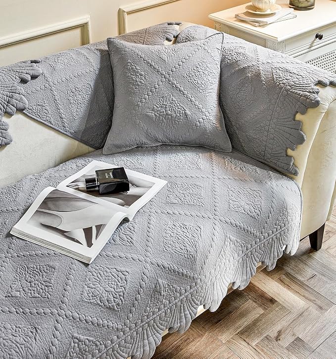 vctops Neutral Cotton Quilted Couch Sofa Cover Floral Embroidery Non-Slip Sectional Couch Covers Soft Cozy Sofa Slipcover for Dogs Cats Pet Armrest Backrest Cover (Grey,43"x43")