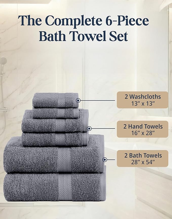 LANE LINEN 100% Cotton Towels Set for Bathroom - 6 Piece Family Pack - Soft, Absorbent & Quick Dry - 2 Bath, 2 Washcloths, 2 Hand Towels - OEKO TEX Certified, Machine Washable & Durable - Cool Grey