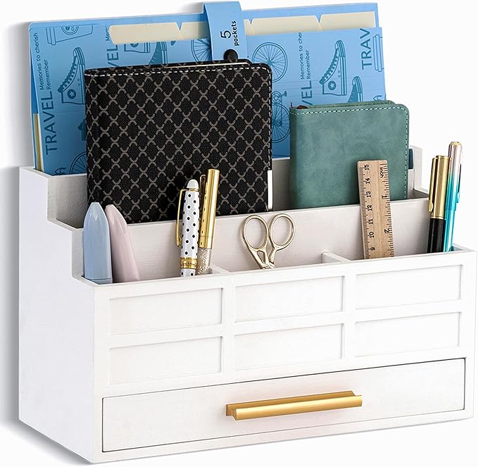 dreampossible white Wood Desk Organizer and Accessories with Drawer, Bill Mail Organizer and File Mail Holder for Office Supplies, Rustic Desk Accessories & Workspace Organizers for Desk Organization