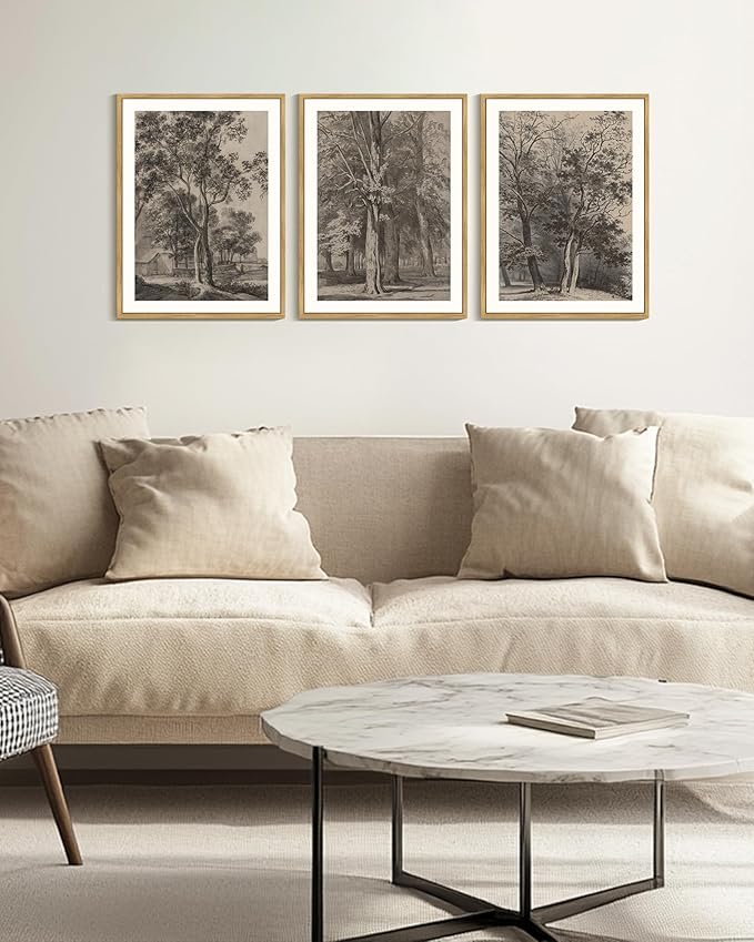PHOPAGO Vintage Tree Framed Wall Art Retro Forest Wall Decor Nature Wilderness Sketch Paints Modern Bedroom Living Room Decor - 12x16in Natural Framed