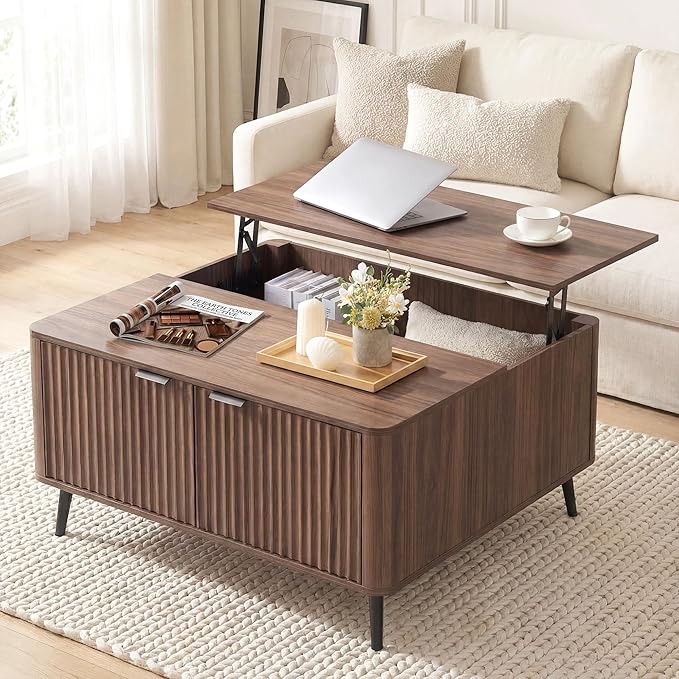 Fatmok Large Lift Top Coffee Table with Hidden Compartment, 35.4" Wide Oversized Square Coffee Table with Storage, Mid Century Modern Fluted Center Table for Home Living Room, Brown