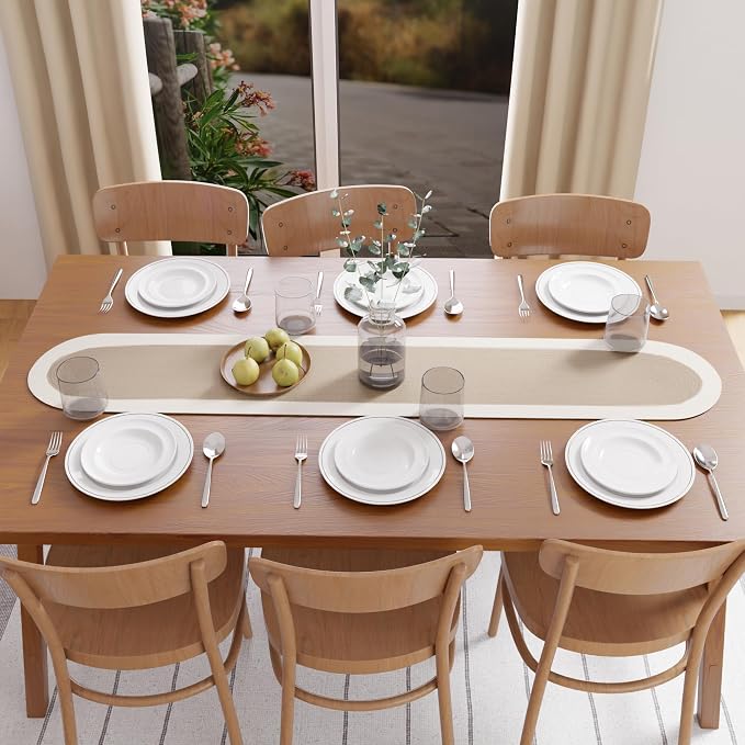 Encasa XO Dining Table Runner | Handmade Ribbed Style Cotton | 12x54 in | Beige & Off White | for Coffee & Center Table