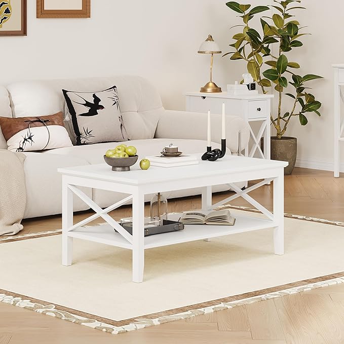 ChooChoo White Coffee Table Classic X Design for Living Room, Rectangular Modern Cocktail Table with Storage Shelf, 39 Inch
