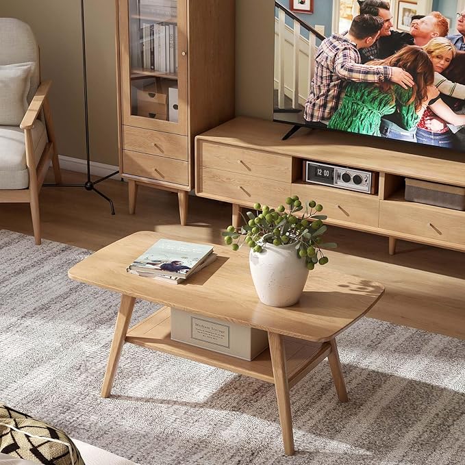 100% Solid Oak Wood Coffee Table for Living Room, 2-Tier Small Coffee Tables with Shelf Storage, Mid Century Modern Table with Rounded Corners (Natural, 39.37" x 19.68" x 17.32")