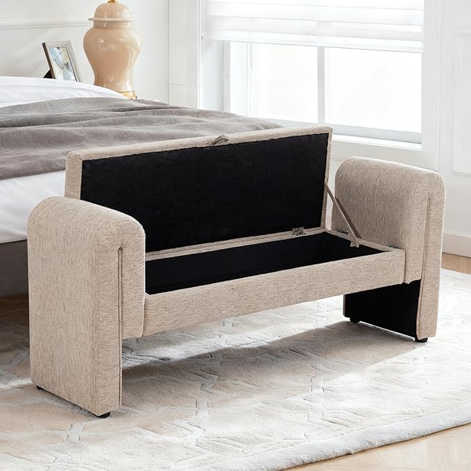 60.5" End of Bed Bench Storage Bench for Bedroom,Soft Linen Upholstered Ottoman Bench with Rolled Arms, Eentryway Bench with Storage for Living Room, Hallway, Dressing Room (Oatmeal)