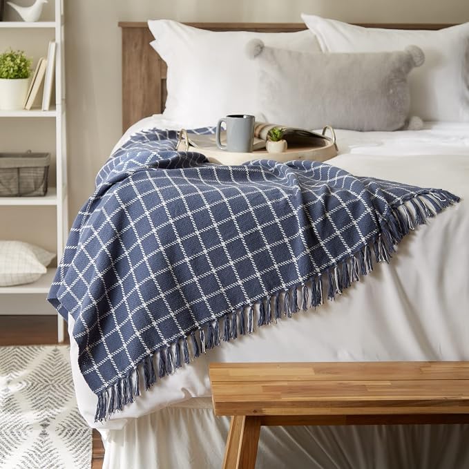 DII Transitional Checked Plaid Woven Throw, 50x60, French Blue
