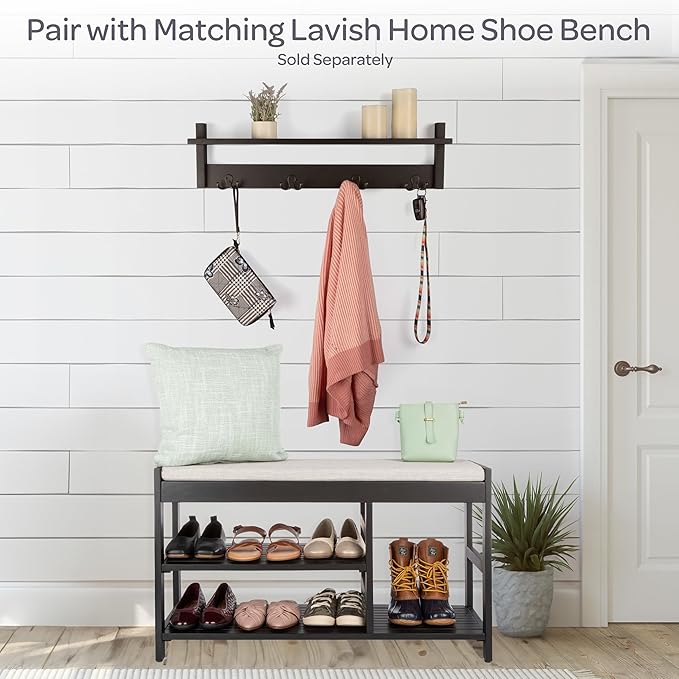 Lavish Home Coat Rack with Shelf - Wall Mount Shelf with 4 Hooks for Purses, Jackets and Keys - Coat Rack for Entryway, Mudroom, or Hallway (Black)